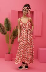 Matina Dress Vis Pink Strawberries wΦόρεμα με Ζώνη & Τσέπες Petit Boutik