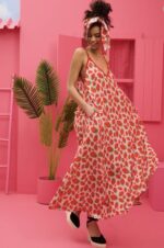 Matina Dress Vis Pink Strawberries wΦόρεμα με Ζώνη & Τσέπες Petit Boutik - Image 2