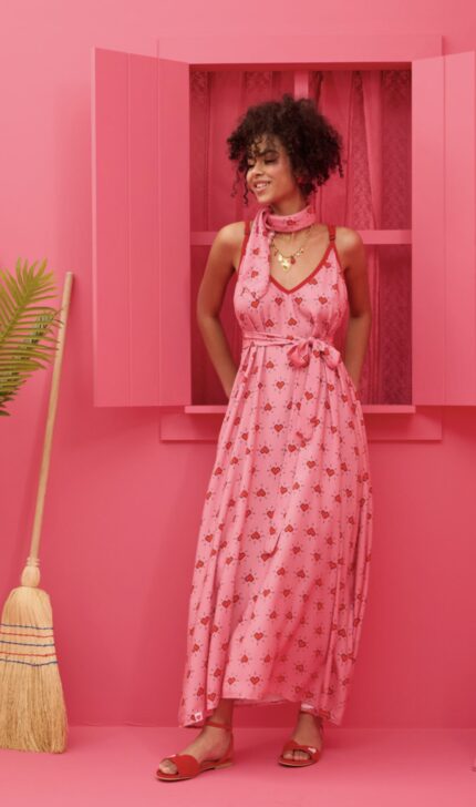 Matina Dress Vis Pink Hearts Pixel Φόρεμα με Ζώνη