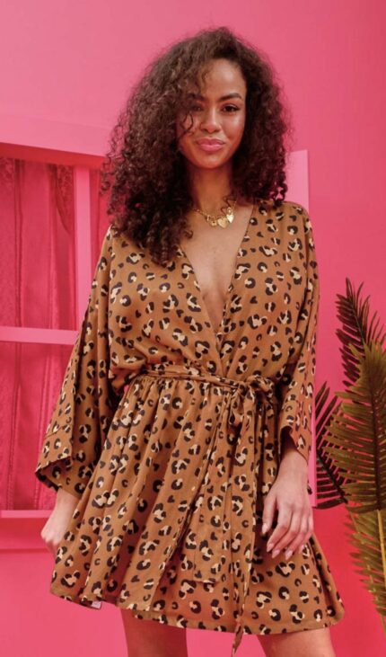 Jennie Kimono Vis Leopar Animal Print Κιμονό με Ζώνη Petit Boutik